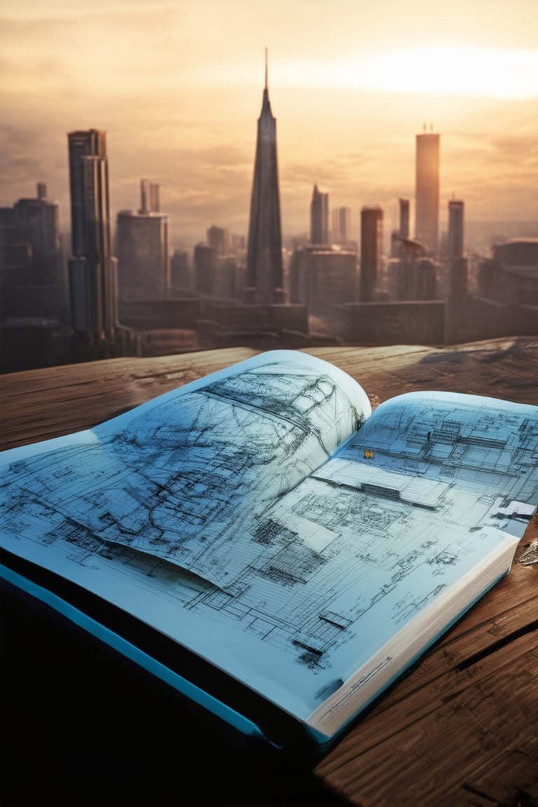 A futuristic cityscape at dusk, with a blueprints sketchbook lying open on a worn wooden table. The city's sleek skyscrapers pierce the smoggy orange sky as a lone architect hunches over the design, pencil scratching out intricate details. Soft overhead lighting casts long shadows across the blueprint pages, highlighting the intricate lines and shapes.