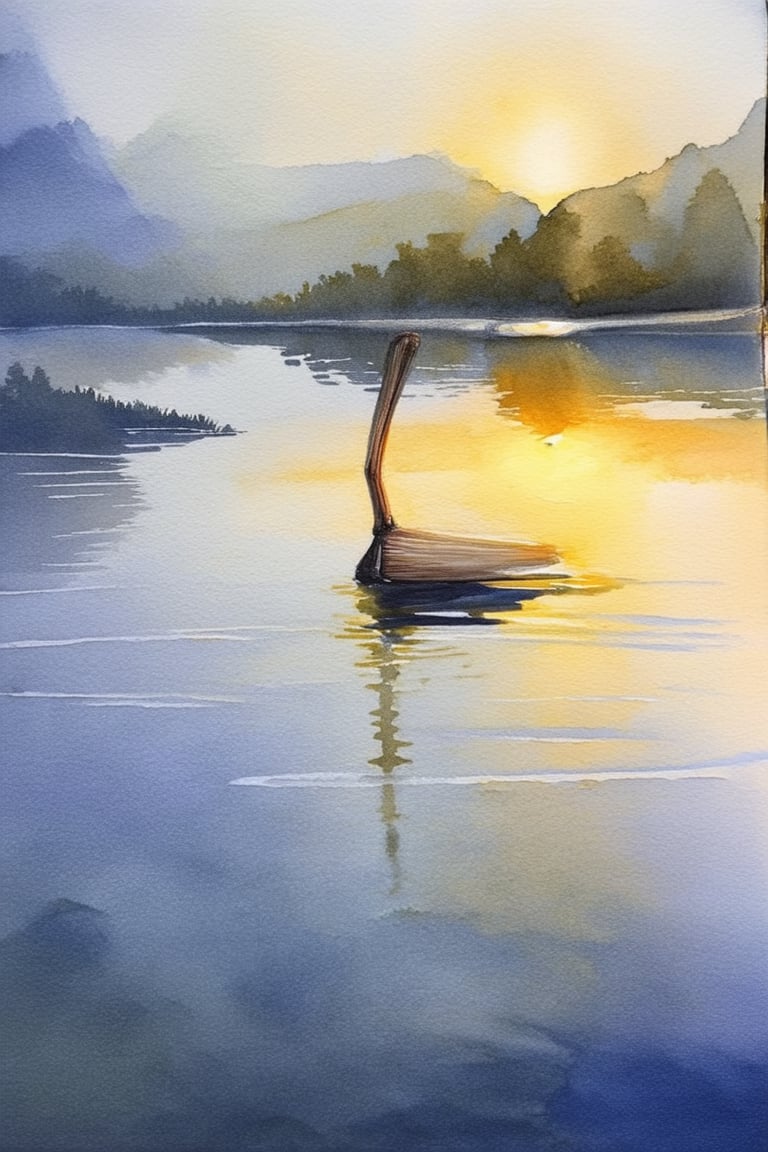 A delicate watercolor painting: Softly lit studio setting with a single, warm-toned lamp casting a gentle glow on the artist's hands as they carefully hold a dripping wet brush over a watercolor paper. The subject, a serene lake scene at dawn, features gentle ripples and subtle color gradations, evoking a sense of tranquility.