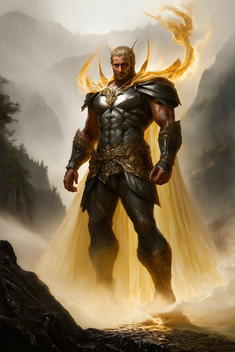 A hero stands triumphantly amidst a golden aura, as if bathed in the radiant glow of ancient legend. The iconic pose, reminiscent of mythic tales, is set against a dramatic backdrop of misty mountains and sprawling forests. Soft lighting casts a warm, mystical ambiance, while the composition's symmetrical balance emphasizes the character's regal presence.