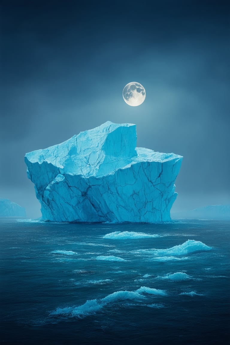 A majestic iceberg rises from the misty horizon, its crystalline surface glistening in shades of cerulean and sapphire under the soft luminescence of a crescent moon. The surrounding sea glimmers like polished obsidian, with gentle ripples lapping at the berg's icy base. A wispy trail of fog curls around the iceberg's rugged contours, as if beckoning adventurers to explore its mystical depths.