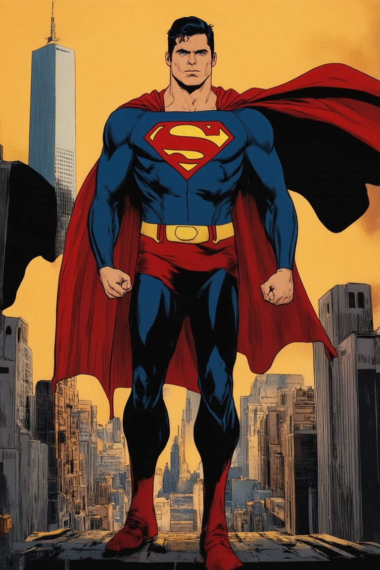 A dynamic depiction of DC Comics' iconic characters: Superman's powerful physique is centered in a bold frame, lit by a warm golden light emanating from the Daily Planet building. His red cape flows majestically behind him as he stands heroically, fist clenched and eyes fixed on the horizon. The Gotham City skyline stretches out before him, with Wayne Tower standing tall. The vibrant colors of Superman's costume pop against the gritty urban backdrop.