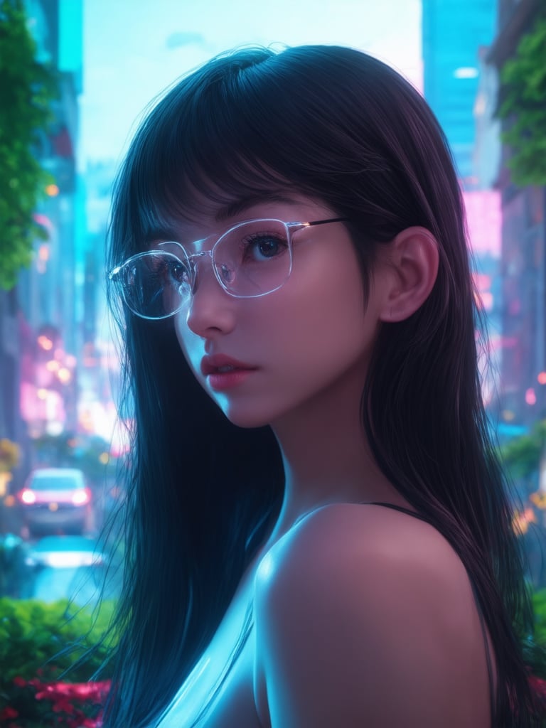 In a neon-drenched cyberpunk metropolis, a captivating girl with clear glasses glows like a beacon. Her intricate, highly detailed features are set against a decadent backdrop of lush greenery and cityscapes. The golden ratio guides the composition, as she gazes out at an ever-expansive cityscape. UHD resolution renders every aspect in stunning clarity: her smooth, sharp-focused features, delicate eyes, and luscious locks. ArtStation-worthy lighting shines bright with light leaks, subsurface scattering, and rim lighting, casting a warm glow on the vibrant, complementary colors of the scene.