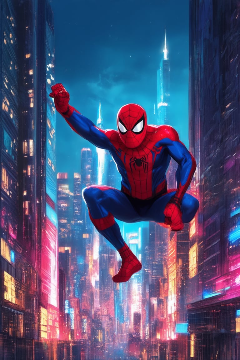 A vibrant, neon-lit cityscape at dusk, with towering skyscrapers and bustling streets, as Spider-Man swings into frame, his red and blue suit glowing against the darkening sky. His dynamic pose captures the essence of youthful energy and heroism, as he gazes out at the city he's sworn to protect.