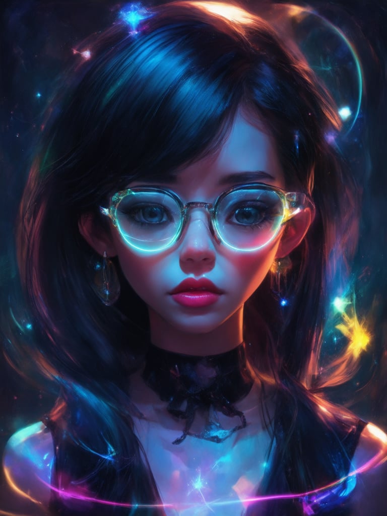 A cyberpunk girl with clear neon glasses shines bright in a golden ratio-framed composition. Amidst a vivid, high-contrast world, her intricate details glisten under 32k UHD's sharp focus. Fantasy elements swirl around her, as the decadent atmosphere comes alive with loish-esque artistry. Ever after High-inspired, this digital painting masterclass features beautiful lighting and shading, with subtle light leaks and rim light highlighting her captivating gaze. Eyes sparkle like stars in a deep background, where vibrant complementary colors dance in harmony.