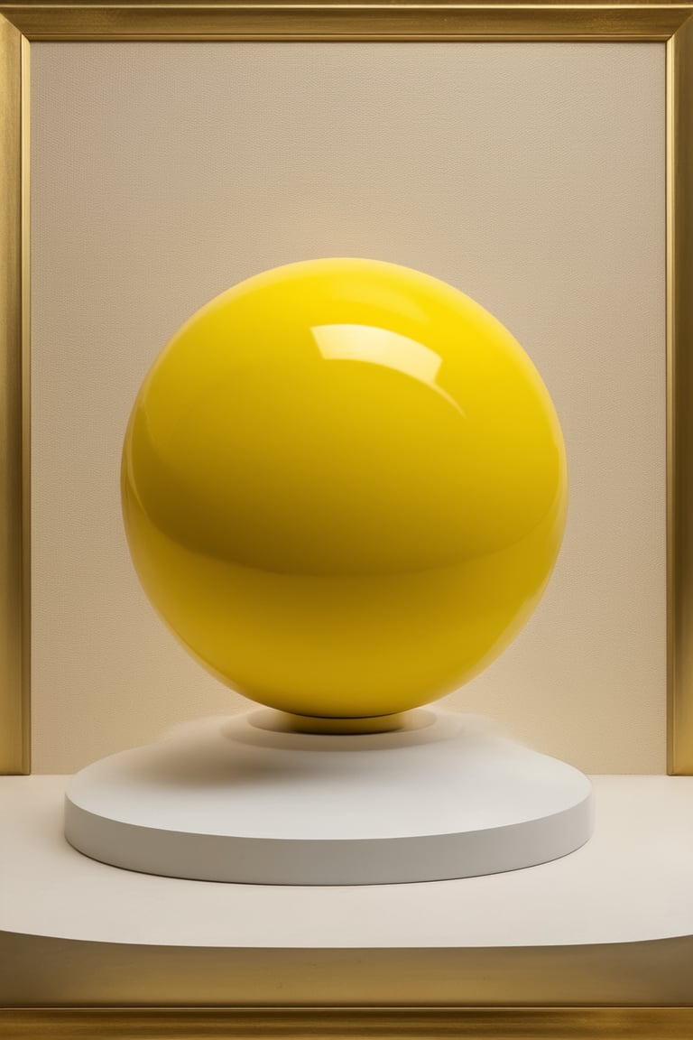 A bright and cheerful scene: In a warm and inviting setting, a basic yellow color model takes center stage. The yellow sphere, with its smooth surface reflecting soft light, sits atop a simple white pedestal against a creamy beige background. Framed by a subtle golden border, the object's vibrant hue is accentuated by the surrounding neutral tones.