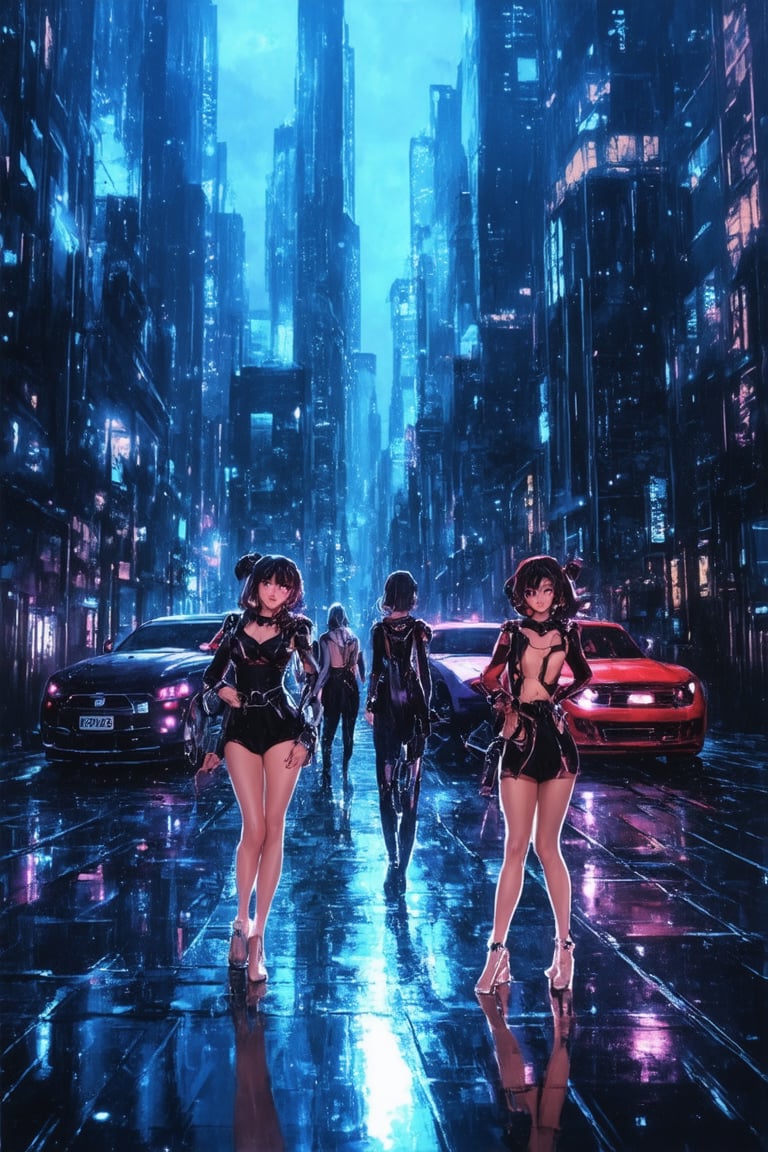 A futuristic cityscape at dusk, with neon lights reflecting off the wet pavement. A group of 'space girls' in retro-futuristic costumes, complete with mini-skirts and jetpacks, gather around a sleek spaceship. The girls pose confidently, one hand on her hip, the other holding a glowing orb. Background: a sprawling metropolis with towering skyscrapers and flying cars zipping by.