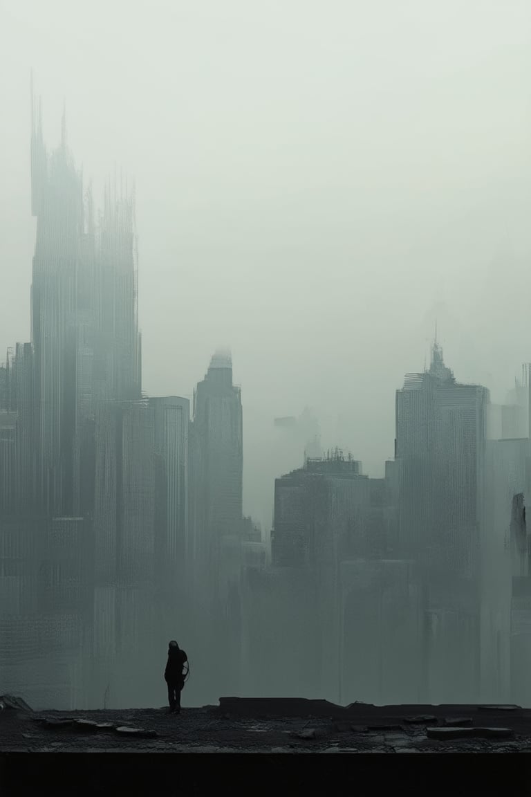 A dimly lit, abstracted cityscape at dusk, with towering skyscrapers shrouded in misty fog, their peaks disappearing into a mysterious darkness. The air is heavy with the scent of wet concrete and the distant hum of urban life. In the foreground, a lone figure stands atop a crumbling rooftop, silhouetted against the desolate skyline.