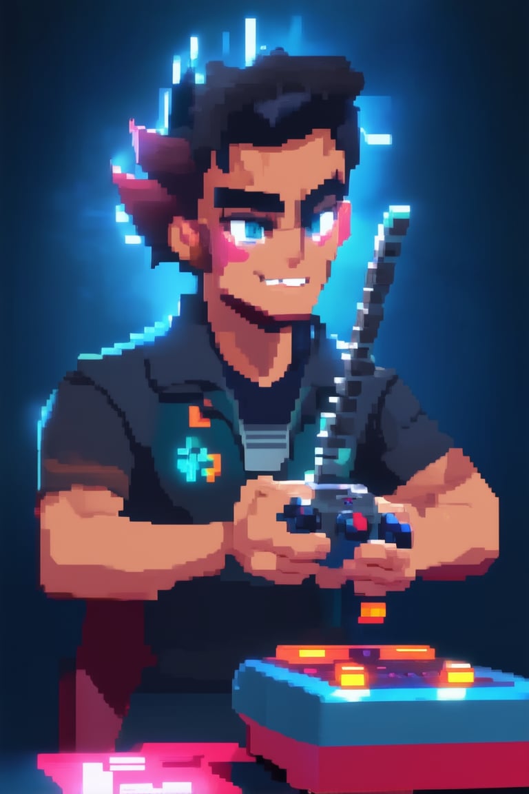 Close-up shot of a charismatic gamer character sitting in front of a retro-style console with a nostalgic glow. The gamer's eyes gleam with excitement as they hold a controller in one hand and a pixelated sword in the other. Soft, warm lighting illuminates their determined face, set against a dark blue background with neon accents.