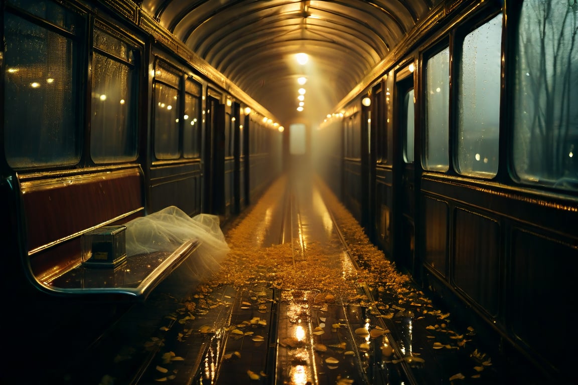 A hauntingly beautiful scene unfolds: a misty train car interior, dimly lit by raindrops on windows, casting an otherworldly glow. Delicate flower petals carpet the floor, adding a touch of ethereal elegance. In the center, a glass coffin glimmers softly, its transparent surface reflecting the warm, golden light within. The atmosphere is heavy with melancholy and eeriness, as if time has suspended itself amidst the watery veil outside, trapping memories in this fleeting moment.