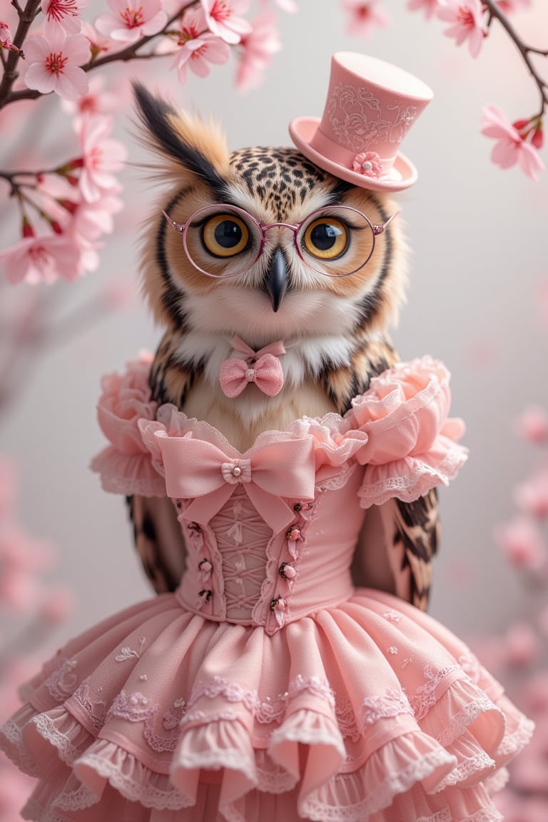 1girl,Anthropomorphic owl in sleeveless, off-shoulder pink Lolita fashion. Ruffled bodice with sweetheart neckline, adorned with bows and lace,Voluminous skirt with petticoat, decorated with delicate floral patterns. Owl's natural feathers seamlessly blending into fabric. Large, expressive eyes behind ornate glasses. Tiny top hat perched askew,Soft, pastel background with cherry blossoms. Whimsical blend of avian features and kawaii Lolita style. Fairytale-like atmosphere