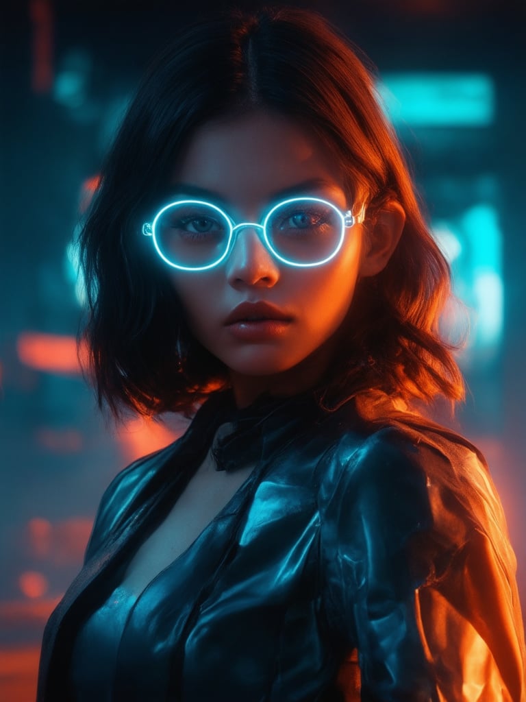 A cyberpunk girl, donning clear neon glasses, stands poised amidst a dystopian landscape. The golden ratio guides her pose, as intricate details dance across her decadent attire. In the 32k UHD canvas, she shines like a digital masterpiece, with smooth, sharp focus on every feature. Her eyes sparkle like gemstones, and her face radiates charm and warmth. Light leaks and subsurface scattering create a captivating atmosphere, with rim light accentuating her striking features. The background deepens, filled with vibrant complementary colors that draw the viewer's eye, as she stands ever vigilant in this cyberpunk world.