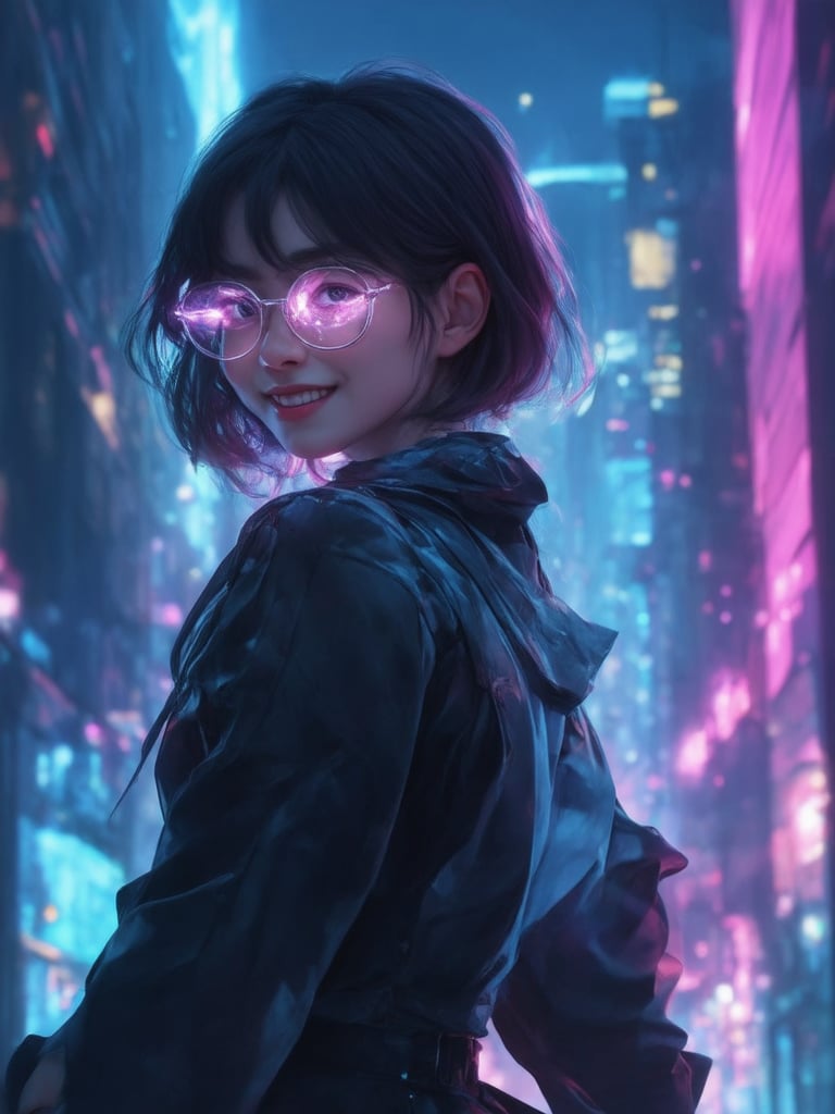 In a neon-drenched cyberpunk cityscape, a captivating girl with clear, glowing glasses and an intricate, high-fashion outfit stands out against a backdrop of gleaming skyscrapers. Golden ratio details abound in her stylish pose, as she gazes out at the viewer with mesmerizing eyes that seem to hold a thousand secrets. The UHD resolution brings forth every nuanced feature of her face, from the subtle curves of her smile to the delicate folds of her clothing. As the light leaks and subsurface scattering dance across her visage, rim lighting casts an otherworldly glow, illuminating the vibrant complementary colors that swirl around her like a digital aurora. The sharp focus and smooth textures evoke a sense of masterful craftsmanship, transporting the viewer into a world of fantasy and wonder, reminiscent of artstation and concept art greats like Artgerm, Loish, and Wlop.