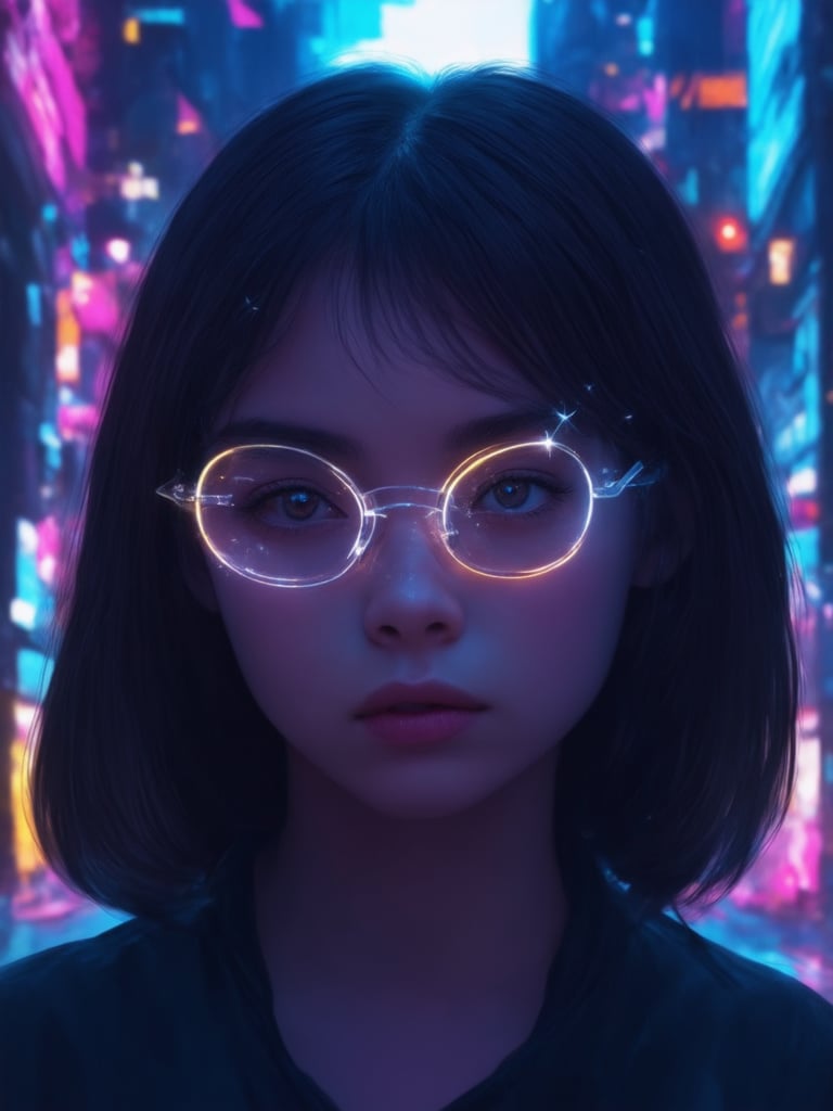 In a neon-lit cyberpunk cityscape, a captivating young girl stands out amidst the futuristic landscape. She wears sleek, clear glasses that glow with an otherworldly intensity, her eyes shining like stars in the dark. The golden ratio is subtly woven throughout her pose and composition, exuding harmony and balance. The digital painting is a masterpiece of 32K UHD resolution, showcasing intricate details and decadent textures. Her face and eyes are rendered in utmost detail, with sharp focus and smooth brushstrokes evoking a sense of heartwarming charm. Vibrant complementary colors dance across the deep background, punctuated by light leaks and rim lighting that create a breathtaking spectacle. Subsurface scattering adds depth and dimensionality to her skin, making her seem almost alive. As the city's neon lights reflect off her glasses, she appears as a beacon of hope in a world of wonder.