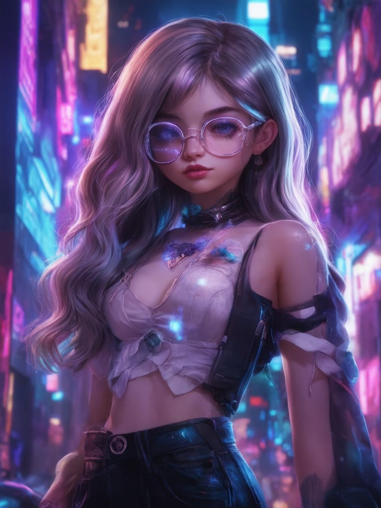 A captivating cyberpunk girl stands amidst a neon-drenched cityscape. Clear glasses gleam with an inner glow, as intricate details unfold like a digital tapestry. The golden ratio guides her pose, exuding a sense of elegance. In 32K UHD, the scene comes alive with vibrant colors and sharp focus. Light leaks and subsurface scattering create a mesmerizing effect, while rim light accentuates her features. Ever After High-inspired fantasy elements blend seamlessly into the cyberpunk world, as artgerm's style shines through in this masterpiece.