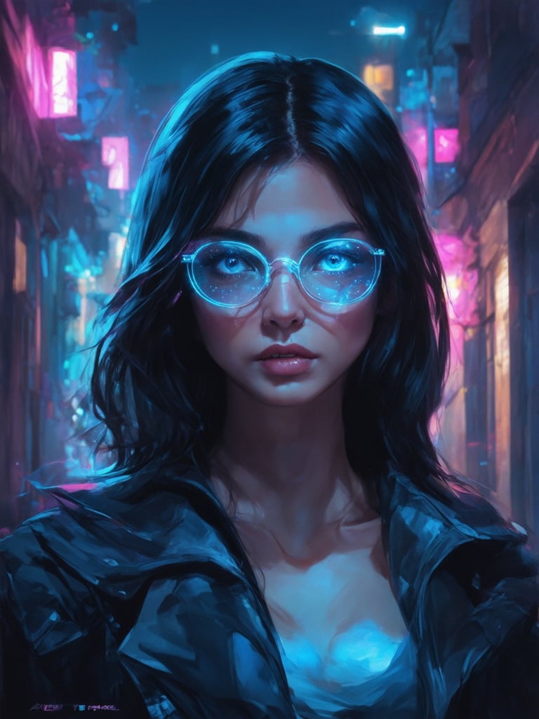 A cyberpunk siren gazes out from a neon-lit alleyway, her clear glasses glowing like beacons in the dark. In this masterwork of digital painting, ArtGerm's signature style shines with intricate details and smooth textures. The golden ratio guides the composition as our heroine's face radiates warmth, her eyes sparkling like stars in the vibrant night sky. Subsurface scattering lends a sense of depth, while light leaks and rim lighting create a mesmerizing glow. In the background, a cityscape unfolds in stunning UHD detail, a testament to the artist's skill.