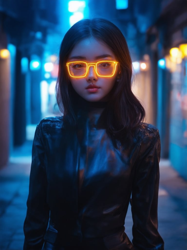 In a dimly lit cyberpunk alleyway, a striking girl with clear neon glasses glows like a beacon. Golden ratio details adorn her sleek attire as she poses confidently, her intricately detailed face illuminated by soft rim light. The camera zooms in on her captivating features, showcasing her smooth, sharp-focused eyes and the vibrant colors of her surroundings. Subsurface scattering and light leaks enhance the scene's depth, while a deep background and beautiful shading create a sense of atmosphere.