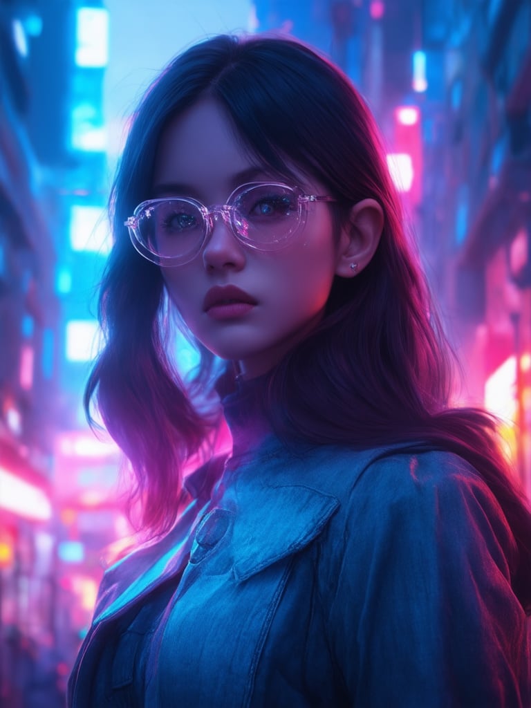 A stunning cyberpunk girl stands out against a backdrop of neon-lit cityscape, wearing sleek clear glasses that refract the vibrant lights. Her golden ratio-posed figure is bathed in warm, intricate lighting with subtle light leaks, rim light, and subsurface scattering. Her eyes shine like precious jewels, detailed with sharp focus and highest quality. The decadent, highly detailed illustration transports viewers to a fantastical world of octane render, reminiscent of Artgerm's masterpieces on Artstation.