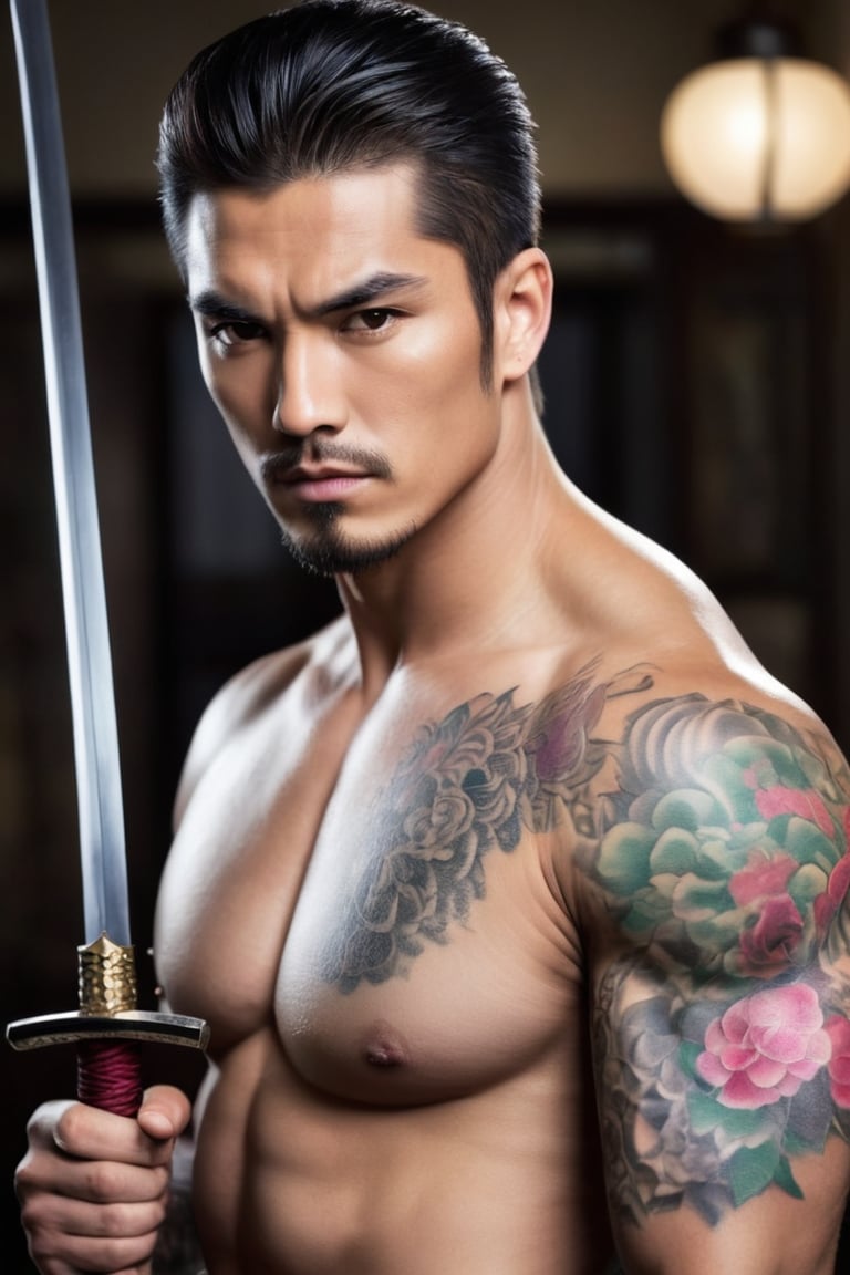 A handsome man.Full body shot.
He is a Japanese gangstere with Japanese kimono, (unbuttoned), show his amazing tattoo on chest, he hold a Japanese sword. he stands sideways, It's night. there is one Japanese tample behind him.
tattoo, (Tattoo), 25 years old, very straight hair, short hair, few stubble, full and pink lips, blush, muscular body, bright eyes.

confident and serious expression, manly appearance, symmetrical size. Looking at the camera with confidence. 

perfect hands (detailed face, detailed skin texture), (photorealistic), masterpiece: 1.5, beautiful lighting, best quality, beautiful lighting, realistic and natural image, intricate details, everything in focus, perfect focus, photography, masterpiece, small nuances, Supreme resolution, 32K, quality and ultra-sharp details. Superior, realistic and complex, perfect proportions, perfect hands, perfect feet. (extremely detailed skin texture and pores)