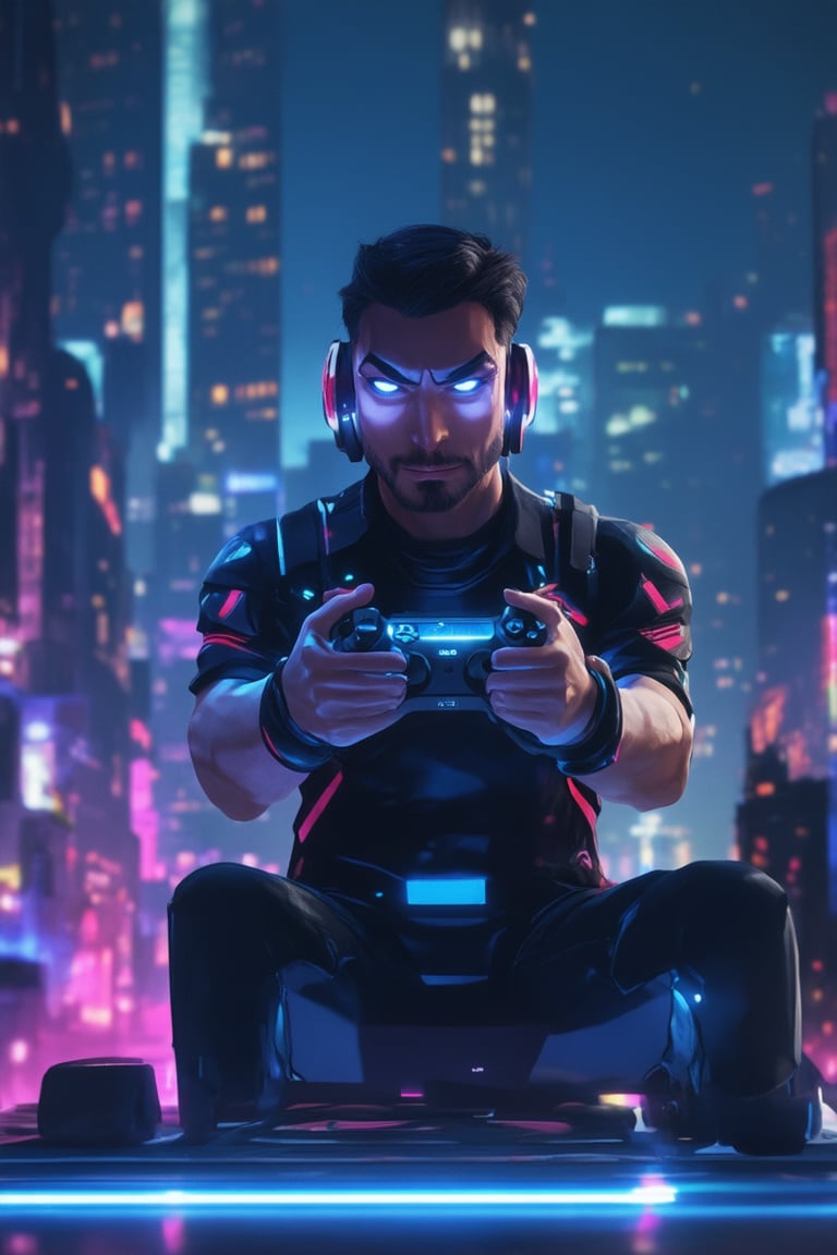 A futuristic gamer sits in front of a sleek console, surrounded by neon-lit cityscape at dusk. The character's eyes gleam with excitement as they grip a controller, fingers poised to unleash a digital storm. Their avatar's profile glows on the screen, ready for battle. Illuminated skyscrapers and towering video game screens create a dynamic backdrop, while the gamer's determined expression showcases their unyielding passion for virtual conquest.