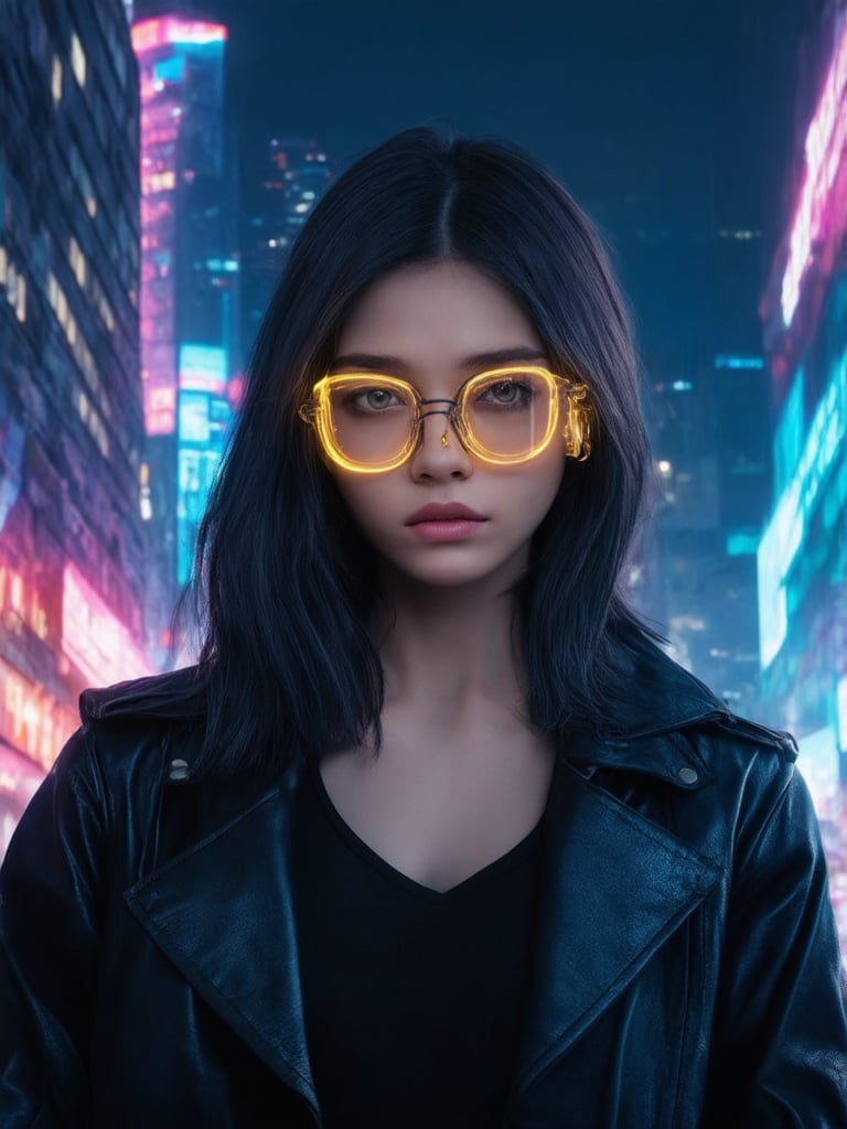 In a dystopian metropolis, a captivating cyberpunk girl stands out against a backdrop of neon-lit skyscrapers. Her clear, glowing glasses radiate an otherworldly aura, as she poses confidently with a hint of sass. Framed by the golden ratio, her features are meticulously detailed, from the intricate folds on her leather jacket to the sharp contours of her facial structure. The 32K UHD resolution enhances every aspect of this digital masterpiece, showcasing her piercing eyes and delicate face. Soft, warm light leaks through her glasses, casting a gentle glow on her skin as rim light accentuates her features. The deep background is bathed in vibrant complementary colors, drawing the viewer's gaze to the subject's captivating presence.