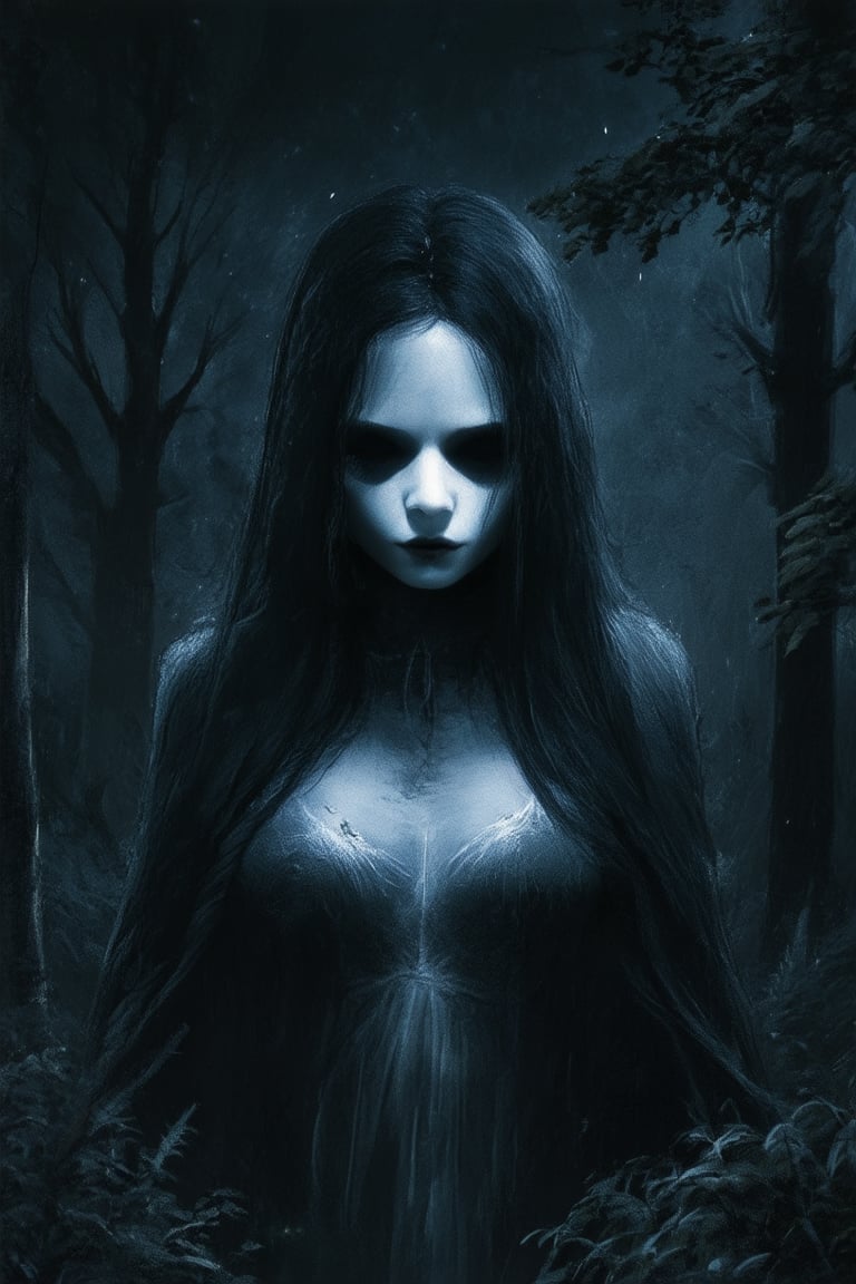 A mysterious figure emerges from the shadows, shrouded in darkness. The only light comes from a distant moon, casting an eerie glow on their porcelain skin and raven hair. A hint of moonlight catches the curve of their lips, creating an air of mystique as they stand at the edge of a dense forest.