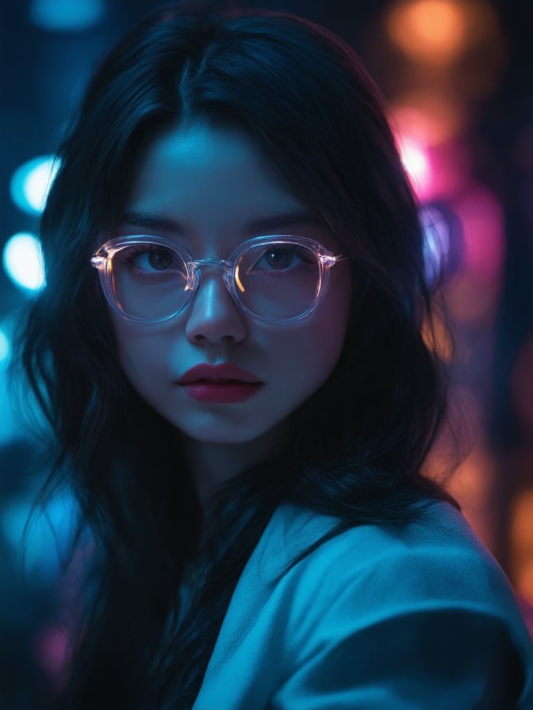 In a neon-lit cyberpunk world, a captivating girl with clear glasses and intricate details poses against a decadent, highly-detailed backdrop. Her golden ratio-inspired features are illuminated by soft, warm light leaks and subtle rim lighting, emphasizing her detailed eyes and face. The scene is set in a deep, vibrant background with beautiful shading and subsurface scattering. The overall atmosphere is heartwarming, uplifting, and charming.