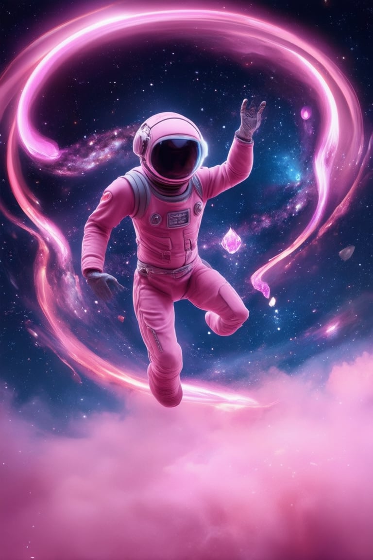 A futuristic astronaut in a 3D pink space suit floats amidst a swirling vortex of pink mist, surrounded by neon-lit planetary rings. The astronaut's pose is relaxed, with one hand holding onto a glowing pink crystal while the other hand drifts near their helmet's visor. In the background, stars and galaxies twinkle like diamonds against a deep purple sky.