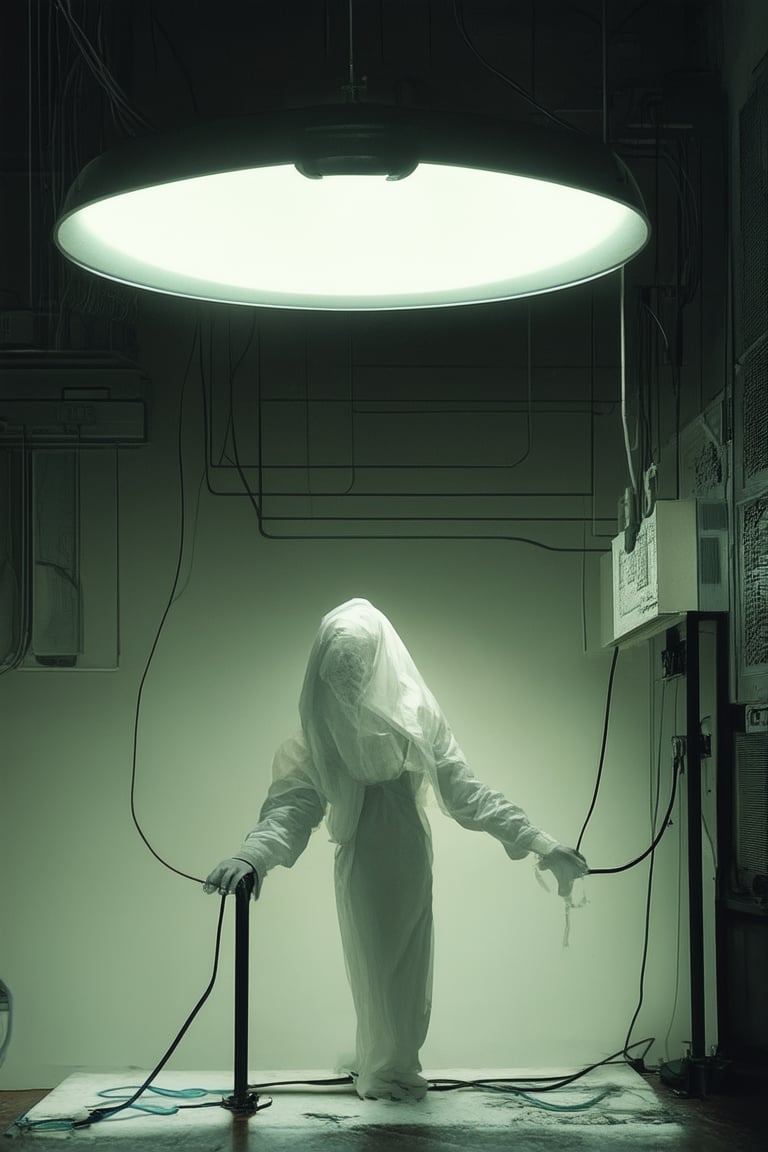 A dimly lit laboratory setup with a single fluorescent light humming overhead. A figure shrouded in shadows stands before a complex circuit board, hands grasping wires as if attempting to unravel the secrets within. The air is thick with anticipation and tension, the darkness seeming to amplify the sense of urgency.