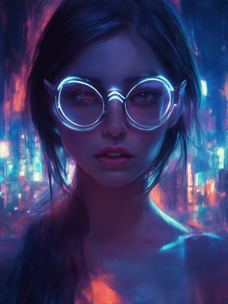 A cyberpunk beauty stands amidst a futuristic cityscape, her gaze piercing through clear neon glasses. Intricate details of the golden ratio are woven into the digital painting's fabric. Smooth, sharp focus on her face captures every nuance as she poses in a warm, rim-lit glow. Deep background reveals a vibrant, complementary color scheme, with light leaks and subsurface scattering adding depth. Eyes shimmer like jewels, inviting us to linger in this masterpiece of UHD illustration.