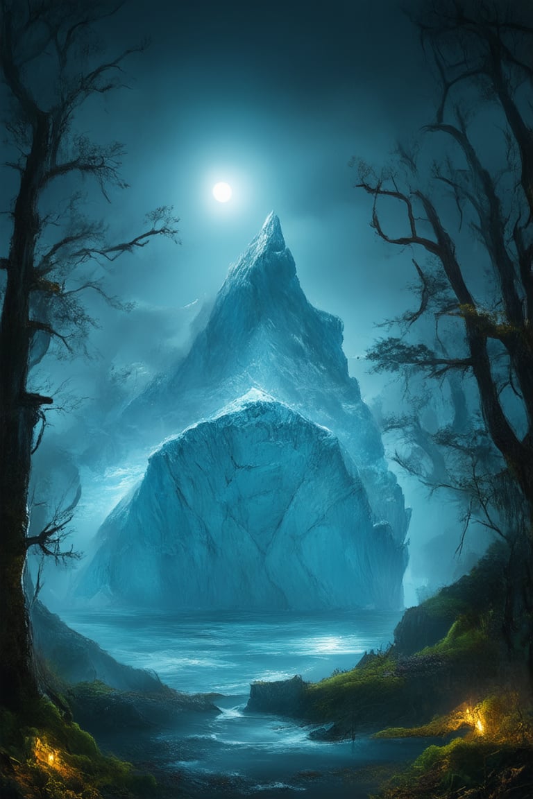 A majestic iceberg rises from the misty veil of a mystical forest, its crystalline peak glistening like diamonds against the soft, ethereal glow of moonlight. The surrounding trees, adorned with glowing moss and vines, stretch towards the sky like nature's own cathedral, while the air is filled with the whispers of ancient secrets.