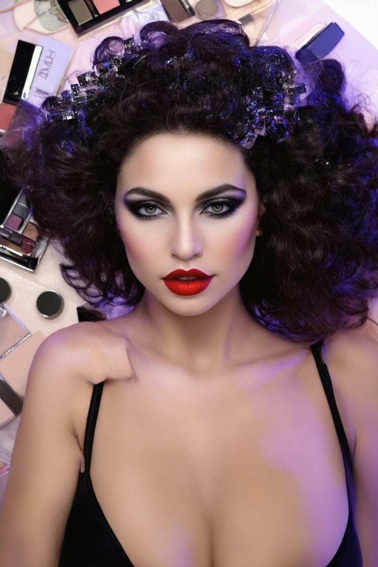 A radiant 80s-inspired beauty poses confidently in a dimly lit studio setting, surrounded by vintage beauty products and makeup palettes. Her big hair is styled with volume on top, adorned with sparkling clips and a purple streak running down the center. A bold red lip color and smoky eyes complete her look, as she gazes directly at the camera with a sultry expression.