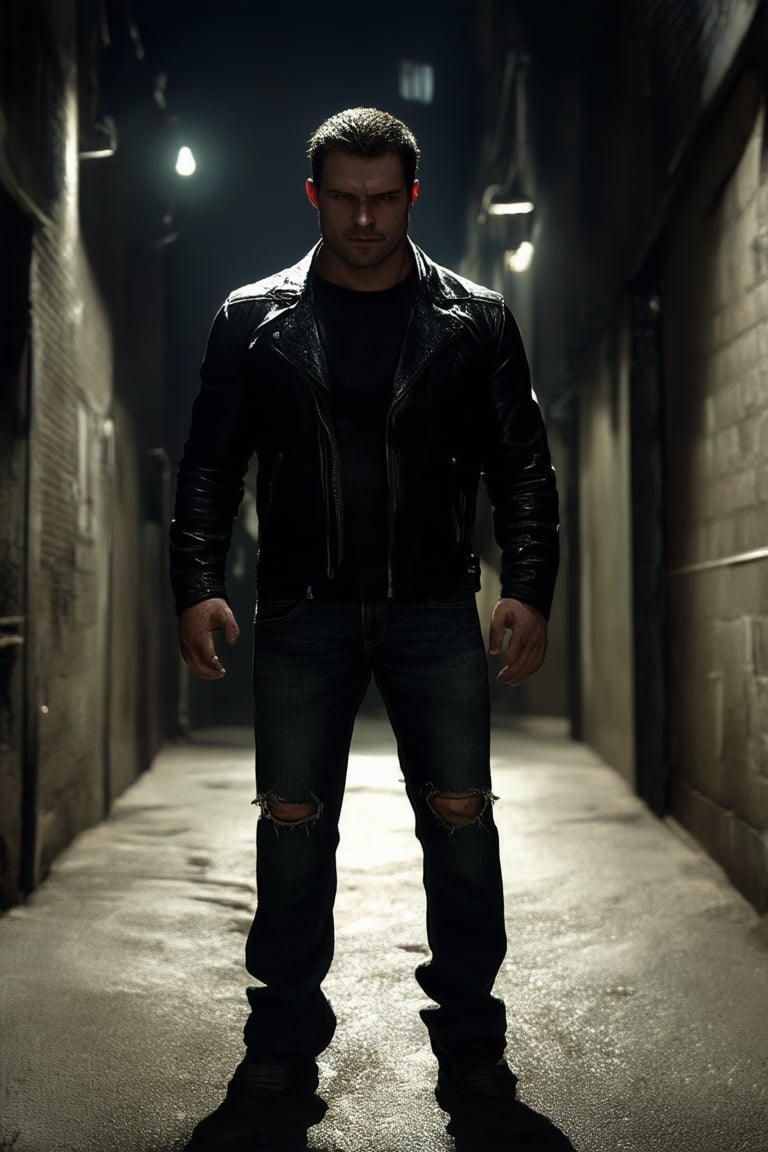 A dark hero emerges from a dimly lit alleyway, his rugged features illuminated only by the faint glow of streetlights casting long shadows across his chiseled jawline. His piercing eyes seem to absorb the darkness around him as he stands tall, his black leather jacket and torn jeans reflecting the somber atmosphere.