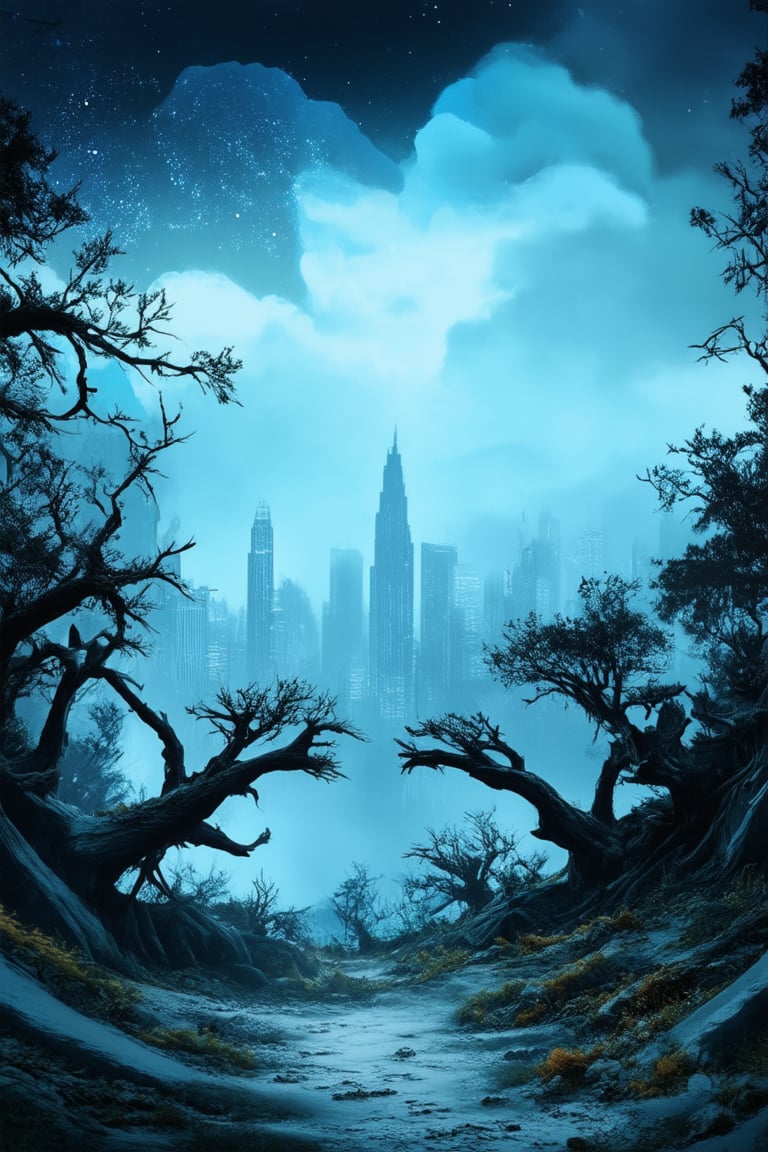 A cinematic dream sequence: A surreal landscape with a misty forest in the foreground, where gnarled trees twist towards the camera like grasping fingers. In the background, a cityscape dissolves into wispy clouds, as if reality is being consumed by the subconscious. The sky is a deep shade of indigo, with stars twinkling like diamonds.