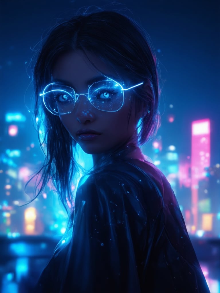 A cyberpunk beauty stands at the edge of a neon-lit cityscape, donning clear glasses that glow with an otherworldly sheen. Golden ratio details dance across her intricately detailed face, illuminated by rim light and subsurface scattering. Her eyes, a masterpiece of detailed craftsmanship, shine like stars in the night sky. The background swirls with vibrant complementary colors, set against a deep, gradient blue. Light leaks around the edges, casting a warm glow on this charming, heartwarming scene, as if seen through the lens of an 8K UHD camera.