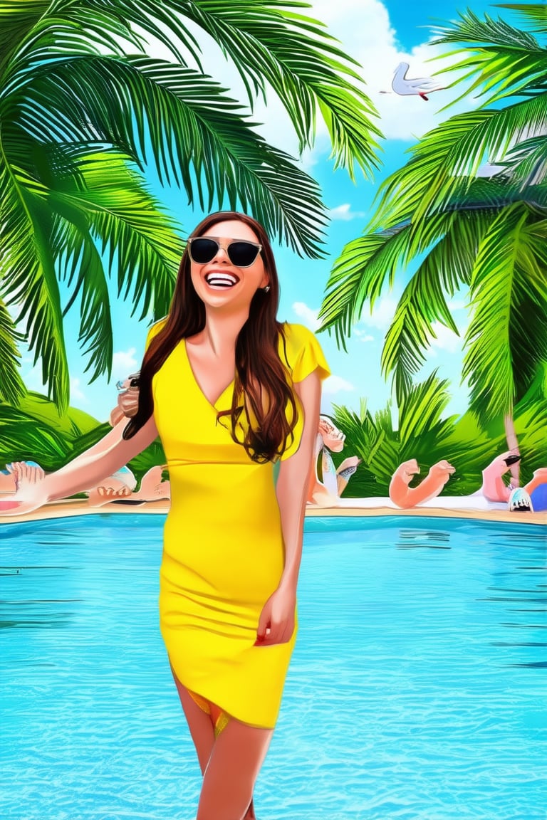 A warm and inviting scene: a young woman wearing a bright yellow sundress and sunglasses, laughing with friends by a crystal-clear pool on a sunny summer day. Vibrant green palm trees sway gently in the breeze, while seagulls fly overhead. The sky is a brilliant blue, with only a few wispy clouds drifting lazily across it.