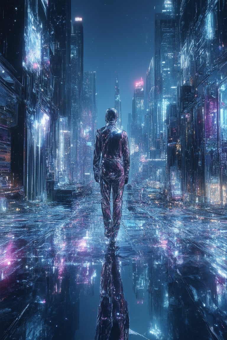 A futuristic cityscape at dusk, with neon lights reflecting off a holographic display projected onto a sprawling metropolis. A lone figure in a sleek jumpsuit stands before the shimmering projection, their eyes fixed intently on the swirling patterns of light and code. The holo-dyss's ethereal glow illuminates the darkening cityscape, as if beckoning passersby to step into its virtual realm.