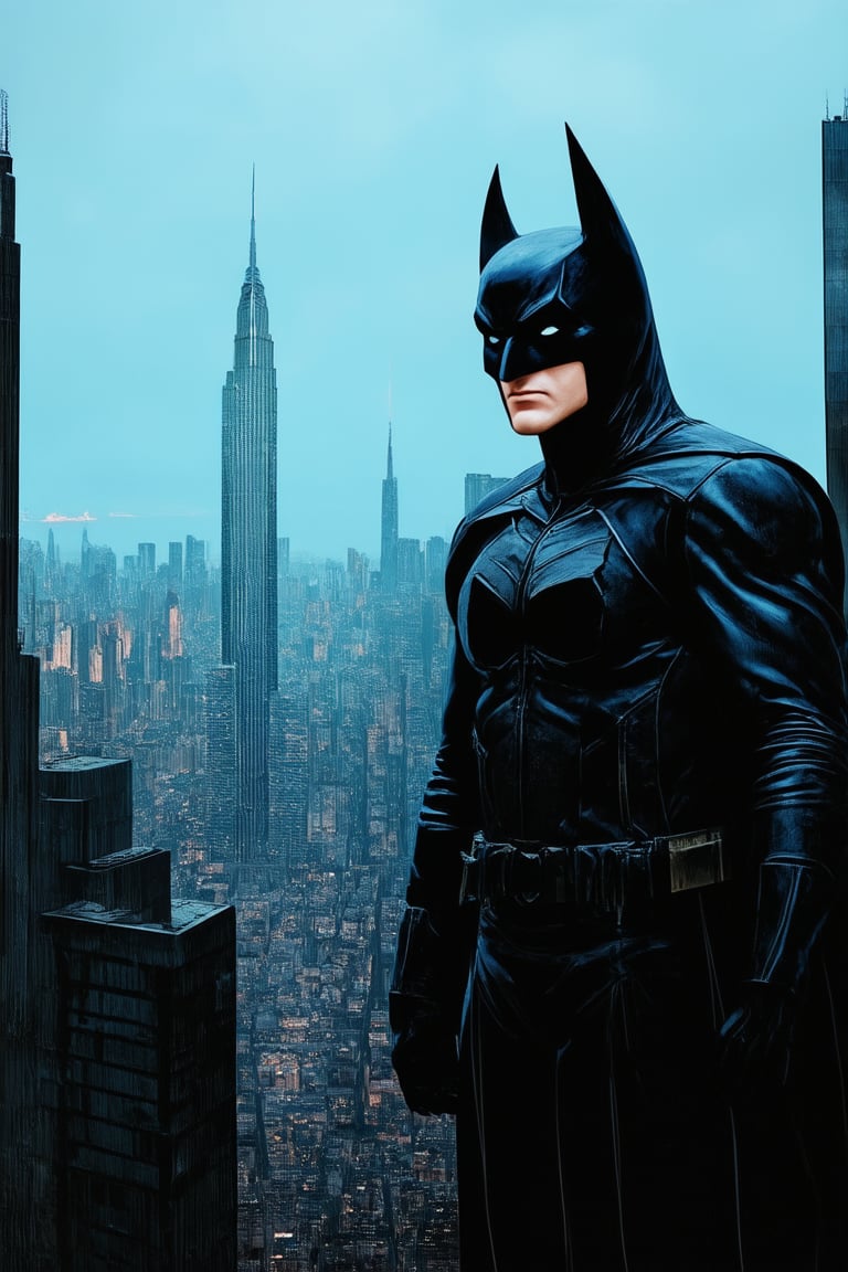 A dark and gritty cityscape at dusk, with a worn leather jacket-clad Batman standing atop a skyscraper, overlooking the Gotham City streets. His eyes glow like embers in the fading light, as he surveys the metropolis below. The Bat-signal casts an eerie blue glow on the concrete jungle.