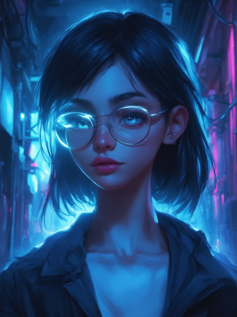 In a neon-drenched cyberpunk alleyway, a captivating girl with clear glasses shines like a beacon. Her golden ratio-observed features are finely crafted with intricate details, set against a decadent backdrop of wires and machinery. The 32K UHD digital painting bursts with vibrant colors and sharp focus, as if pulled from the pages of Ever After High. Artstation-quality concept art by Loish or Wlop. A masterpiece radiates warmth and charm, with detailed eyes and face that seem to defy gravity. Rim light casts a mesmerizing glow on her features, while subsurface scattering adds depth. Light leaks subtly illuminate the dark surroundings, making this cyberpunk scene a true work of art.