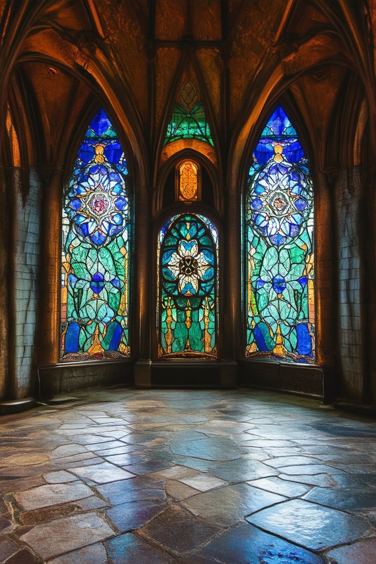 In a dimly lit cathedral, vibrant stained glass windows adorn the walls, casting kaleidoscopic hues on the stone floor. A majestic rose window, its intricate details shimmering with subtle colors, serves as the focal point of the scene. Delicate panes of blue, green, and gold surround it, refracting light into a dazzling display of color and texture.