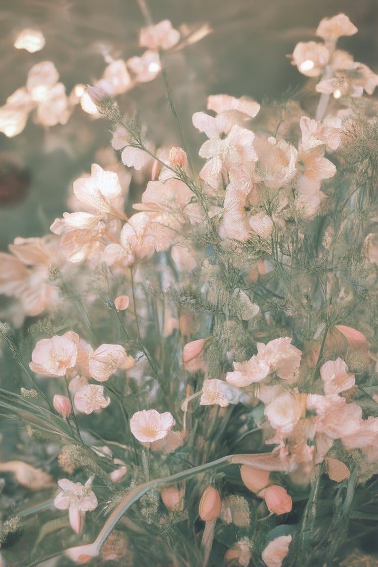 Delicate petals of a colorful bouquet scattered across a warm, soft focus flower background, with gentle lighting casting a subtle glow on the intricate details and textures. The composition features a mix of blooms in various stages of bloom, with some slightly wilted and others radiantly full, inviting the viewer to step into the serene atmosphere.