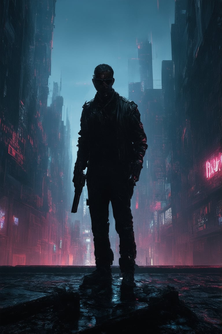 A gritty cyberpunk cityscape at dusk: towering skyscrapers loom in the haze-shrouded distance, their neon lights pulsing like circuitry. A lone figure, dressed in tattered leather and dark shades, stands atop a crumbling rooftop, hands grasping a worn firearm as they gaze out at the dystopian sprawl. Shadows dance across their face, illuminated by the flickering glow of holographic advertisements.