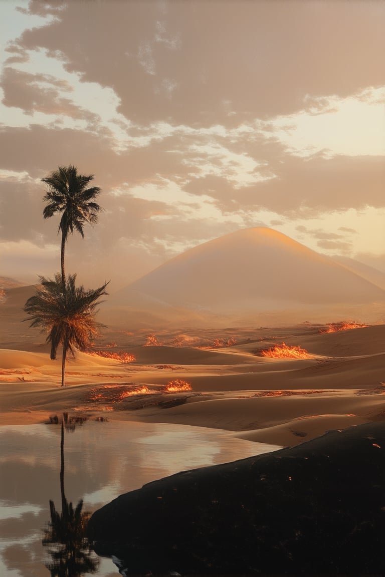 A sweeping desert landscape at golden hour: warm sunlight casts a long shadow across sandy dunes as far as the eye can see. A lone palm tree stands tall, its trunk and fronds illuminated by the soft glow, while a rocky outcropping rises in the distance, bathed in a fiery orange hue.