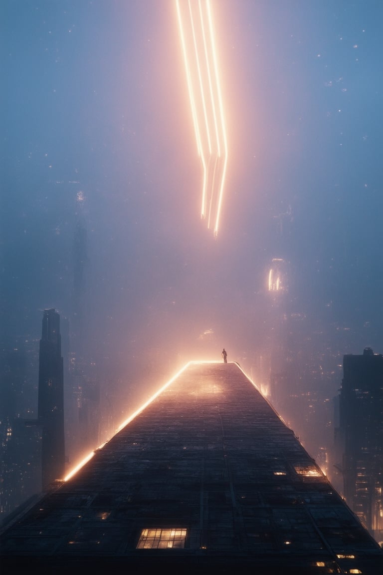 A futuristic cityscape at dusk, with neon lights casting an otherworldly glow on a misty landscape. A lone figure stands at the edge of a skyscraper's rooftop, silhouetted against a deep blue sky illuminated by the soft hum of hovering drones. The Sci-Fi atmosphere is set by the warm orange light spilling from windows and the distant flash of a spaceport's landing lights.