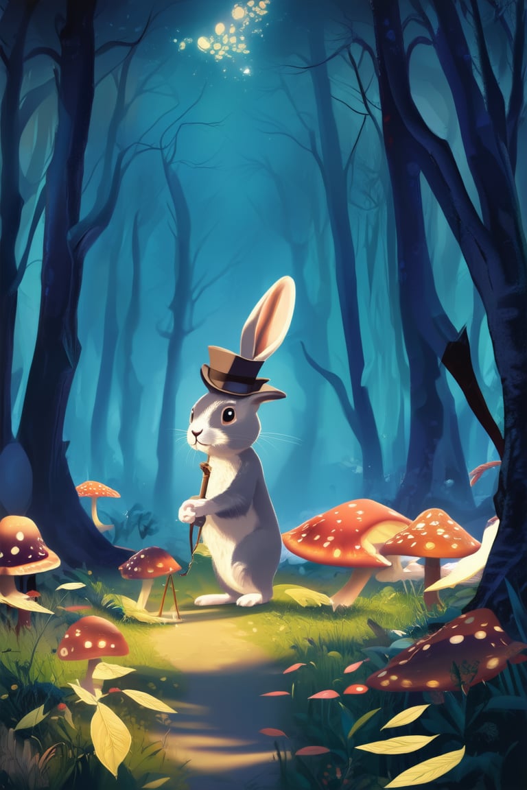 Vibrant 2D illustration of a whimsical scene: a mystical forest at dusk, with towering trees and glowing mushrooms. A curious rabbit, donning a tiny top hat and holding a cane, poses confidently in the center, amidst swirling leaves and misty fog. Warm golden light illuminates the atmosphere, casting long shadows across the ground.