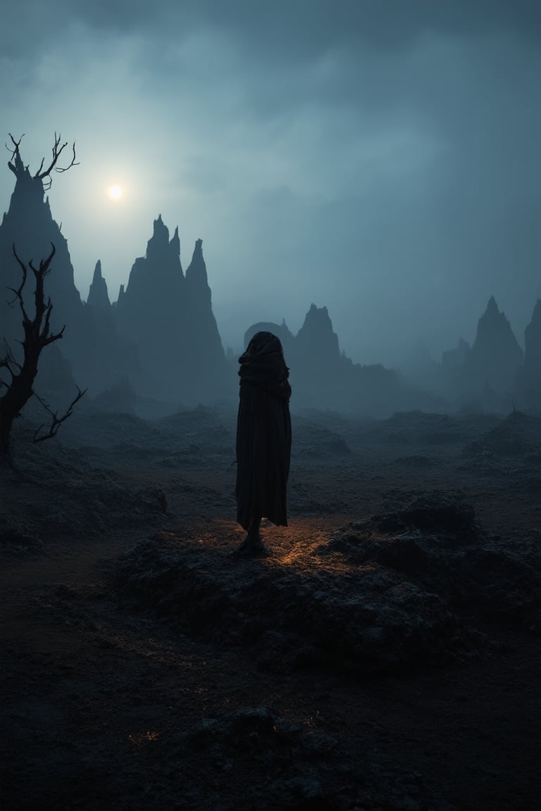 A hauntingly eerie landscape unfolds as a lone figure stands atop a jagged rock formation in the Darkside World, shrouded in an ominous mist. The setting sun casts long shadows across the barren terrain, with twisted tree branches reaching towards the darkened sky like skeletal fingers. A desolate wasteland stretches out before the lone traveler, illuminated only by the faint glow of distant lanterns.