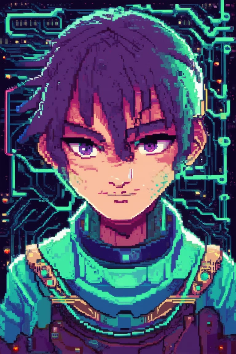 A close-up shot of a pixel art character's face, lit by a bright digital glow, with vibrant colors and geometric shapes creating a mesmerizing all-in-one design. The character's eyes shine with determination as they stare directly at the camera, surrounded by intricate circuit board details and pulsing wires.