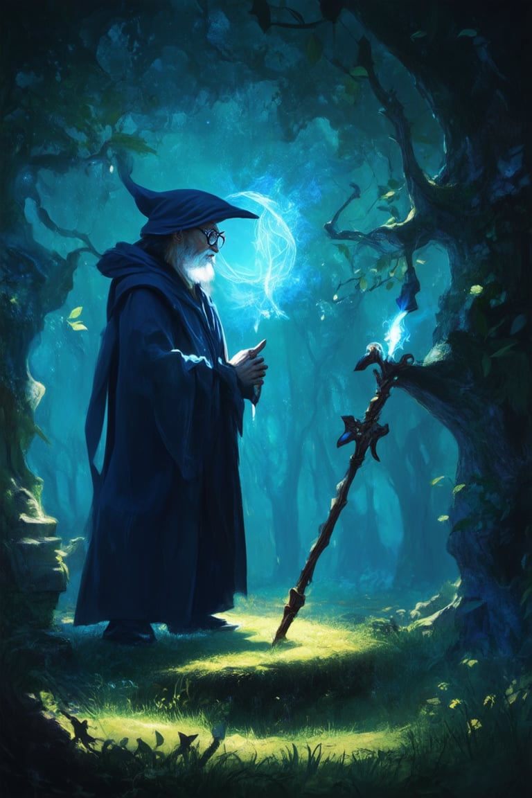 A mystical forest glows with an ethereal light as a bespectacled wizard stands tall amidst ancient trees, their staff aglow with soft blue magic, surrounded by whispering vines and leaves that shimmer like moonlit dew.