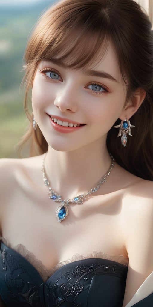 Beautiful, soft light, (beautiful and delicate eyes), very detailed, pale skin, big smile, (long hair), dreamy, medium chest, female 1, ((front shot)), bangs, soft expression, height 170, elegant , Bright smile, 8k art photo, photorealistic concept art, realistic, person, small necklace, off shoulder, small earrings, fantasy, jewelry, shyness, dreamy soft image, masterpiece, ultra high resolution, skirt, shirt, jacket, color , (both eyes (He gently closes his eyes, raises his head slightly, and appears absorbed in pleasant thoughts),dragon