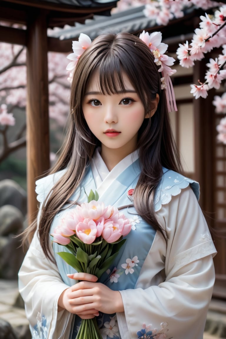 The 18-year-old girl standing in the center of the solemn shrine, the cute 18-year-old Japanese idol holding flowers, Sakura, photo_b00ster, Don, cute and beautiful face, detailed face, perfect face, perfect model figure, (((huge Complex, multi-layered, beautiful)))++, cute and weak The cold and rough (((stick))) forms a strong contrast)