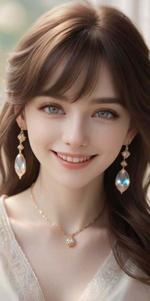 Beautiful, soft light, (beautiful and delicate eyes), very detailed, pale skin, big smile, (long hair), dreamy, medium chest, female 1, ((front shot)), bangs, soft expression, height 170, elegant , Bright smile, 8k art photo, photorealistic concept art, realistic, person, small necklace, small earrings, fantasy, jewelry, shyness, dreamy soft image, masterpiece, ultra high resolution, skirt, shirt, jacket, color , (both eyes (He gently closes his eyes, raises his head slightly, and appears absorbed in pleasant thoughts),dragon